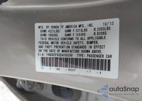 2014 Honda Accord Ex-L from USA, damaged, VIN 1HGCR2F82EA059288